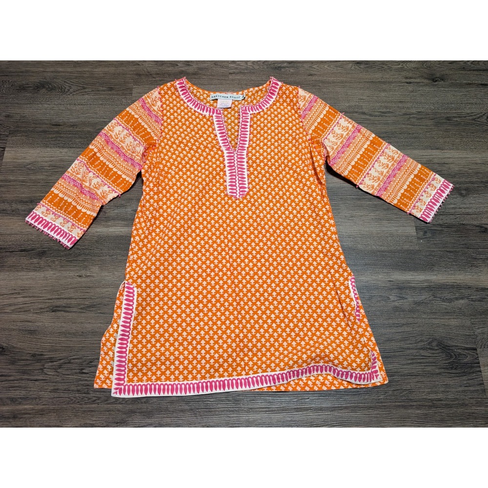 Gretchen Scott Tunic Kurta Top Womens M Orange Pink Geometric Beaded Trim Boho